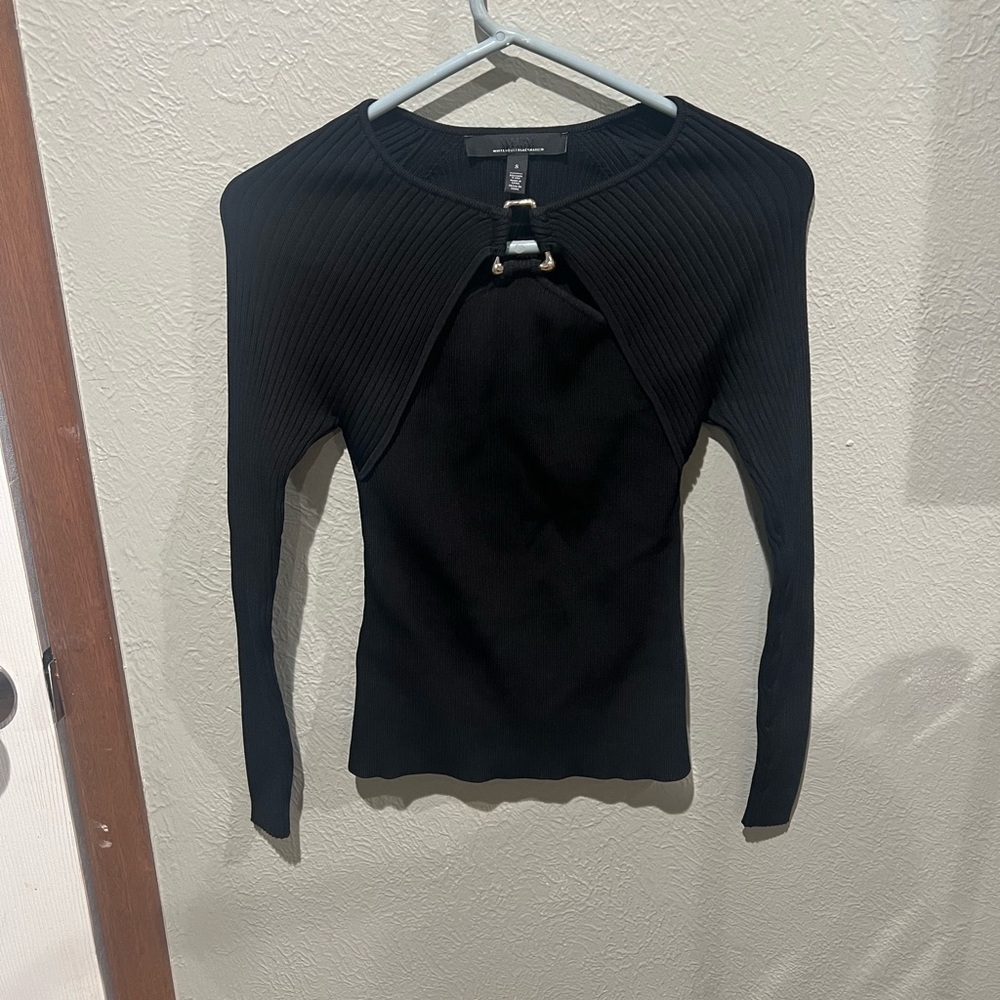 White House Black Market Black Ribbed Blouse Buckle Detail Size Small EUC Y2K